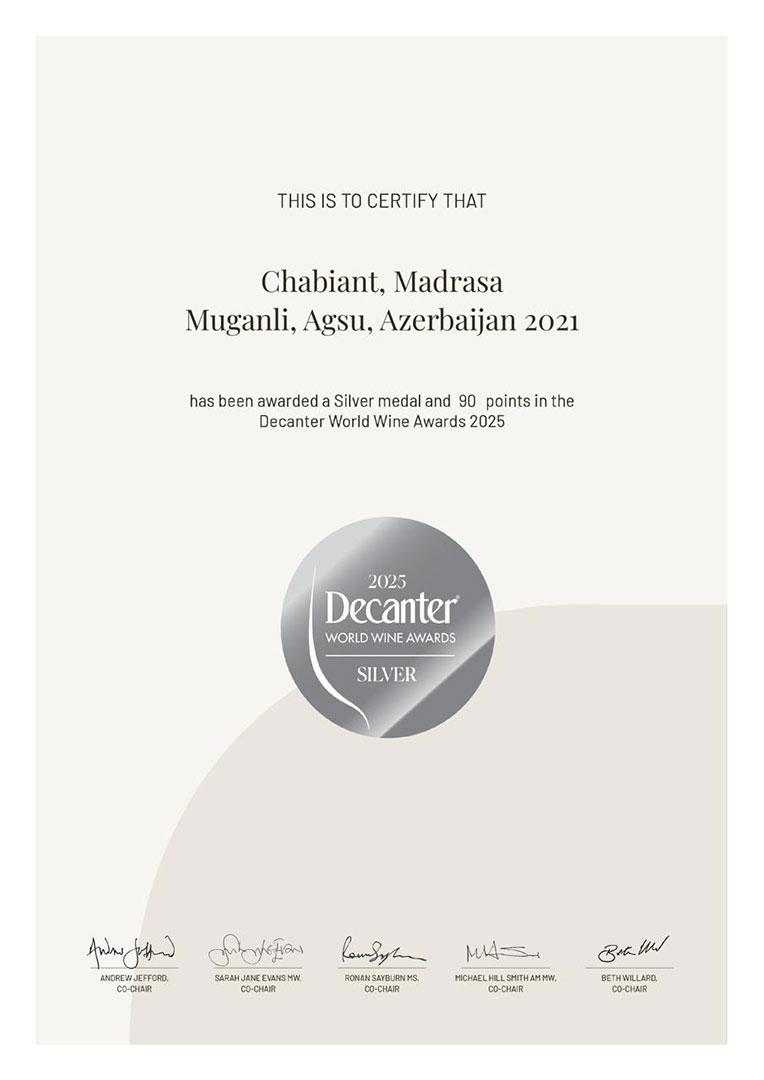 Chabiant Mədrəsə 2021 DECANTER WORLD WINE AWARDS 2025-də gümüş medal alıb